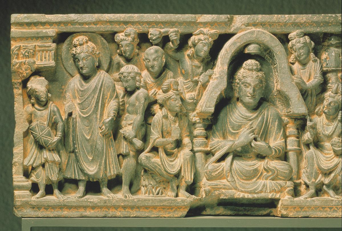 Erzählende Szene (Fragment): Der Buddha zieht predigend von Stadt zu Stadt