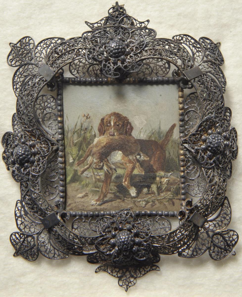 Jagdhund mit Hase. Miniatur aus der Sammlung Loewe