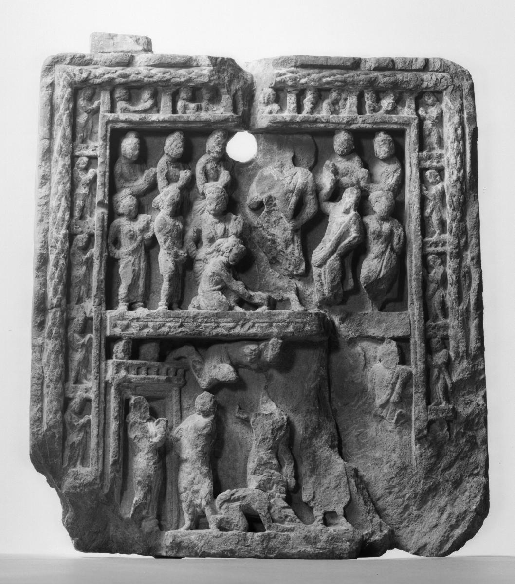 Zwei Szenen einer Stele: Der Vorzeit-Buddha Dipankara prophezeit die Buddhaschaft des Shakyamuni Buddha (Dipankara-Jataka, unten); Verehrungsszene (oben)