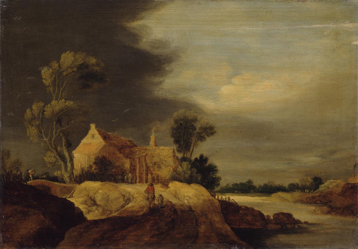 Landschaft mit Bauernhaus an einem Fluß
