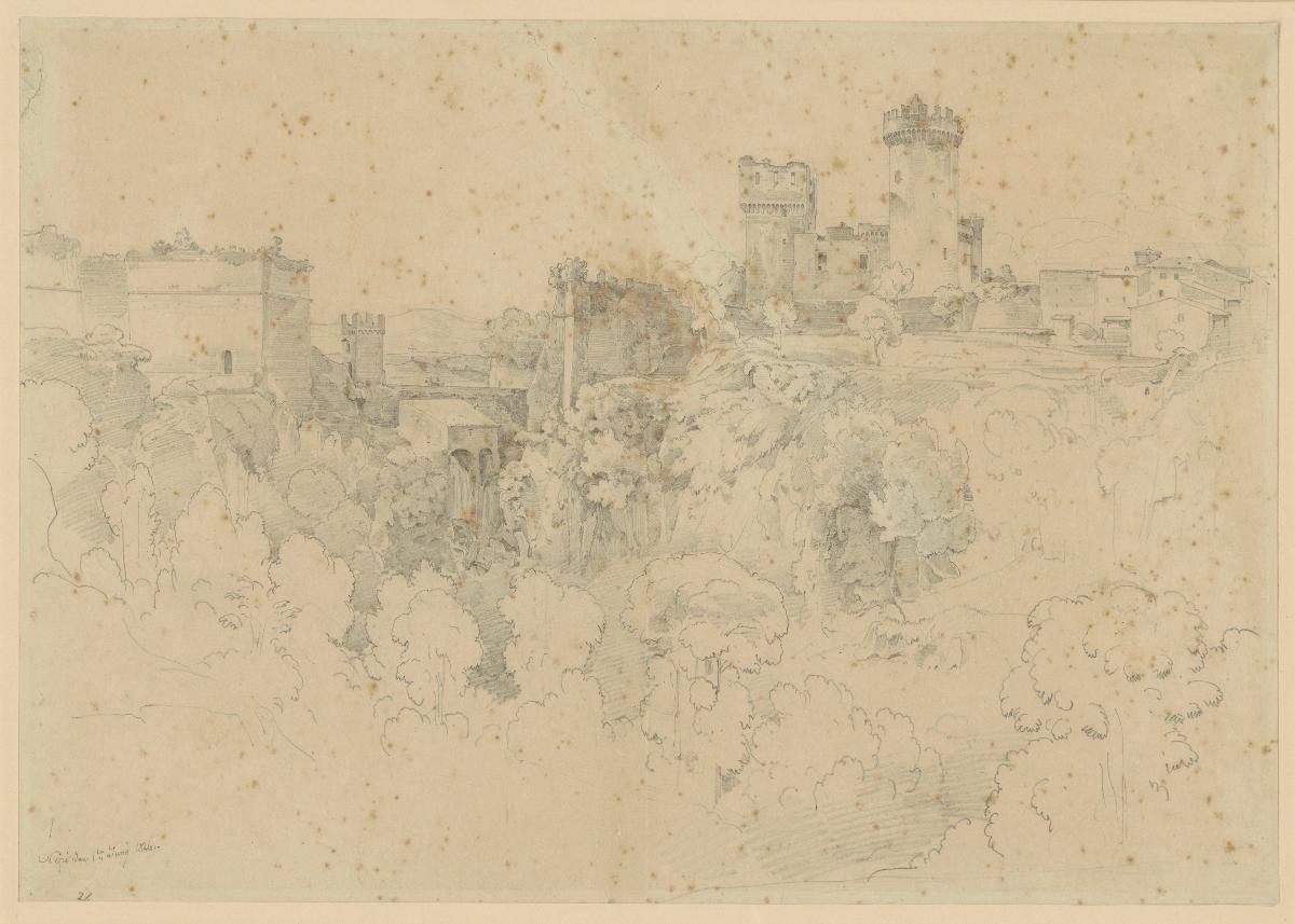 Italienische Landschaft mit Waldung, Türmen und Häusern bei Nepi