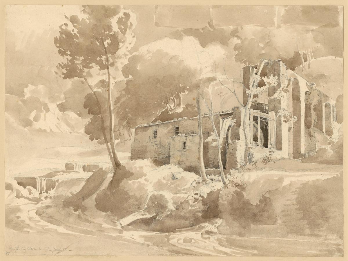 Landschaft mit Fluss und Aquädukt mit Mühle bei Massa