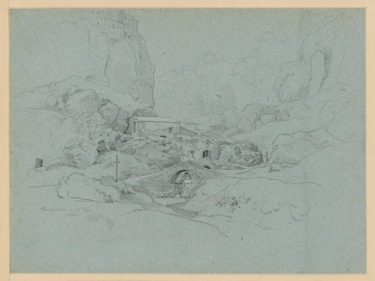 Gebirgslandschaft mit Häusern und Steinbrücken bei Ronciglione