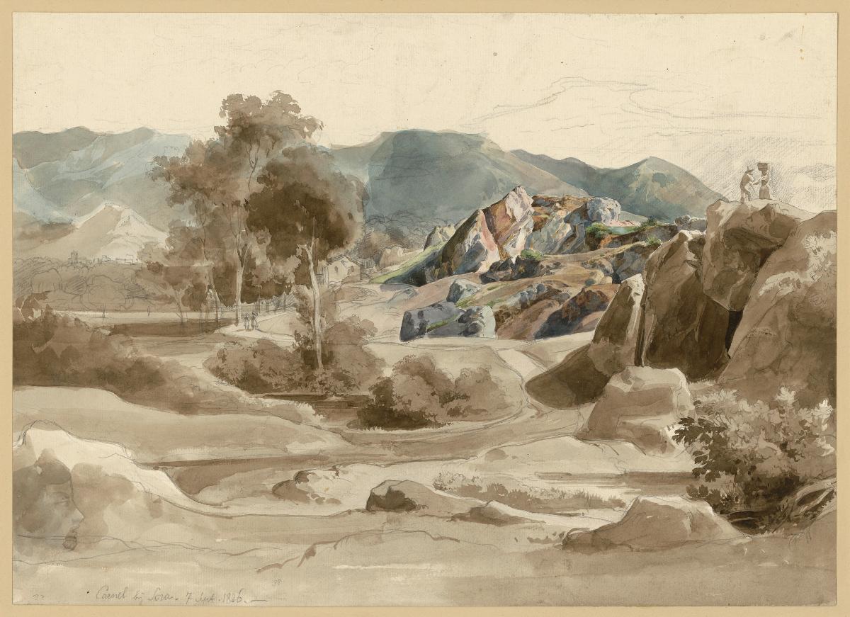 Italienische Landschaft mit Bach, Bäumen und einem Haus am Weg und zerklüfteter Felspartie. Camel bei Sora