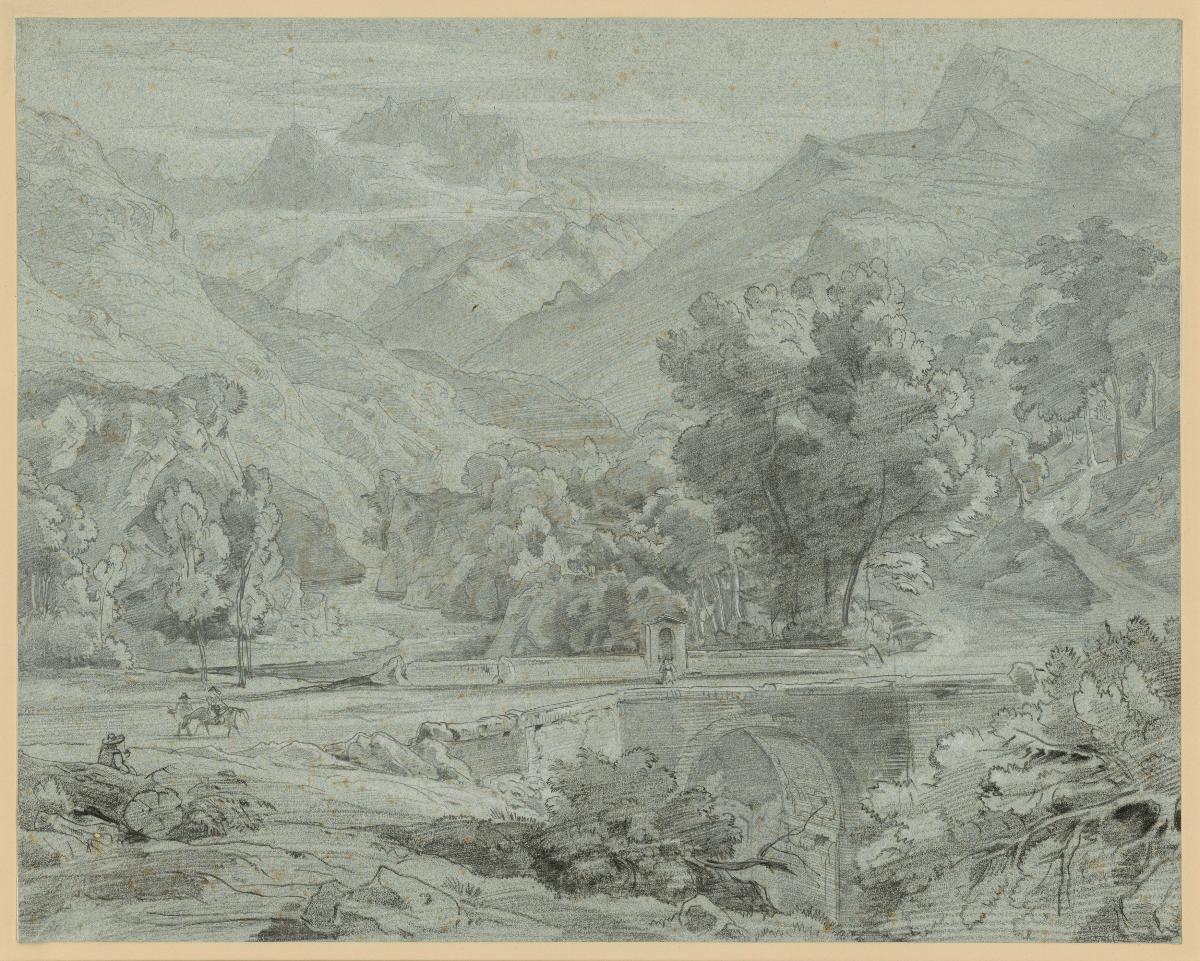 Gebirgslandschaft mit Bogenbrücke und figürlicher Staffage
