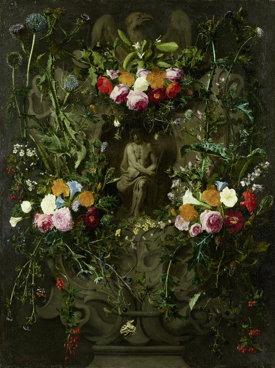 Blumengirlande mit Christus in der Rast