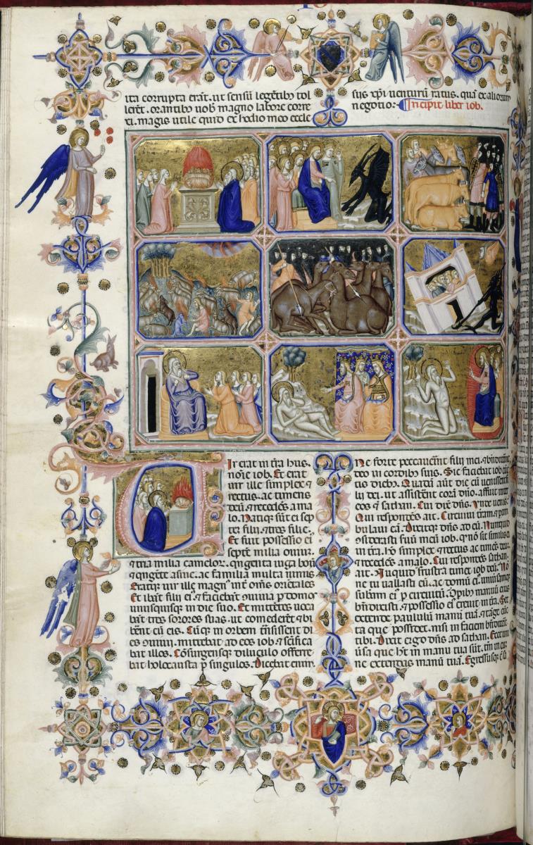 Neunteiliges Bildfeld mit der Geschichte Hiobs; Initiale U, darin eine Opferszene (folio 193 verso der "Hamilton-Bibel")