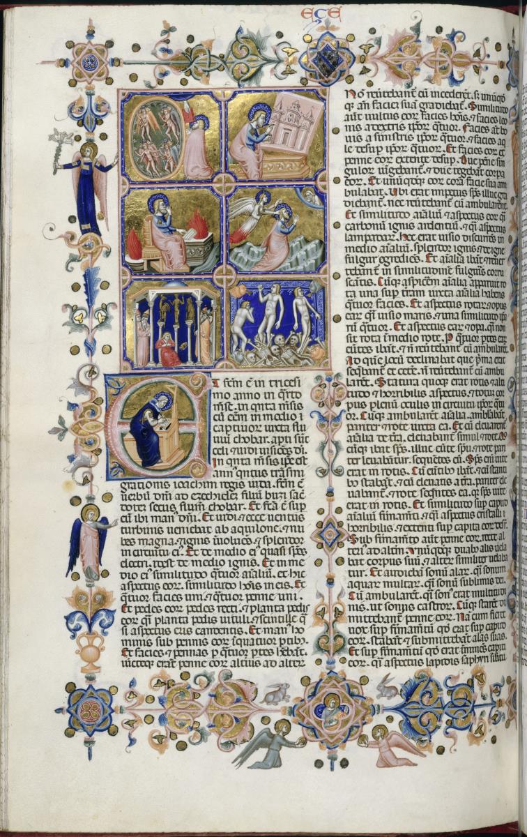 Sechsteiliges Bildfeld mit Ezechiels Vision und Berufung (folio 302 recto der "Hamilton-Bibel")