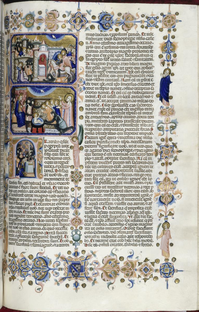 Die Züchtigung Jerusalems, das Martyrium der makkabäischen Brüder, darunter Initiale F und der Tod des Hohepriesters Eleasar (folio 358 recto der "Hamilton-Bibel")