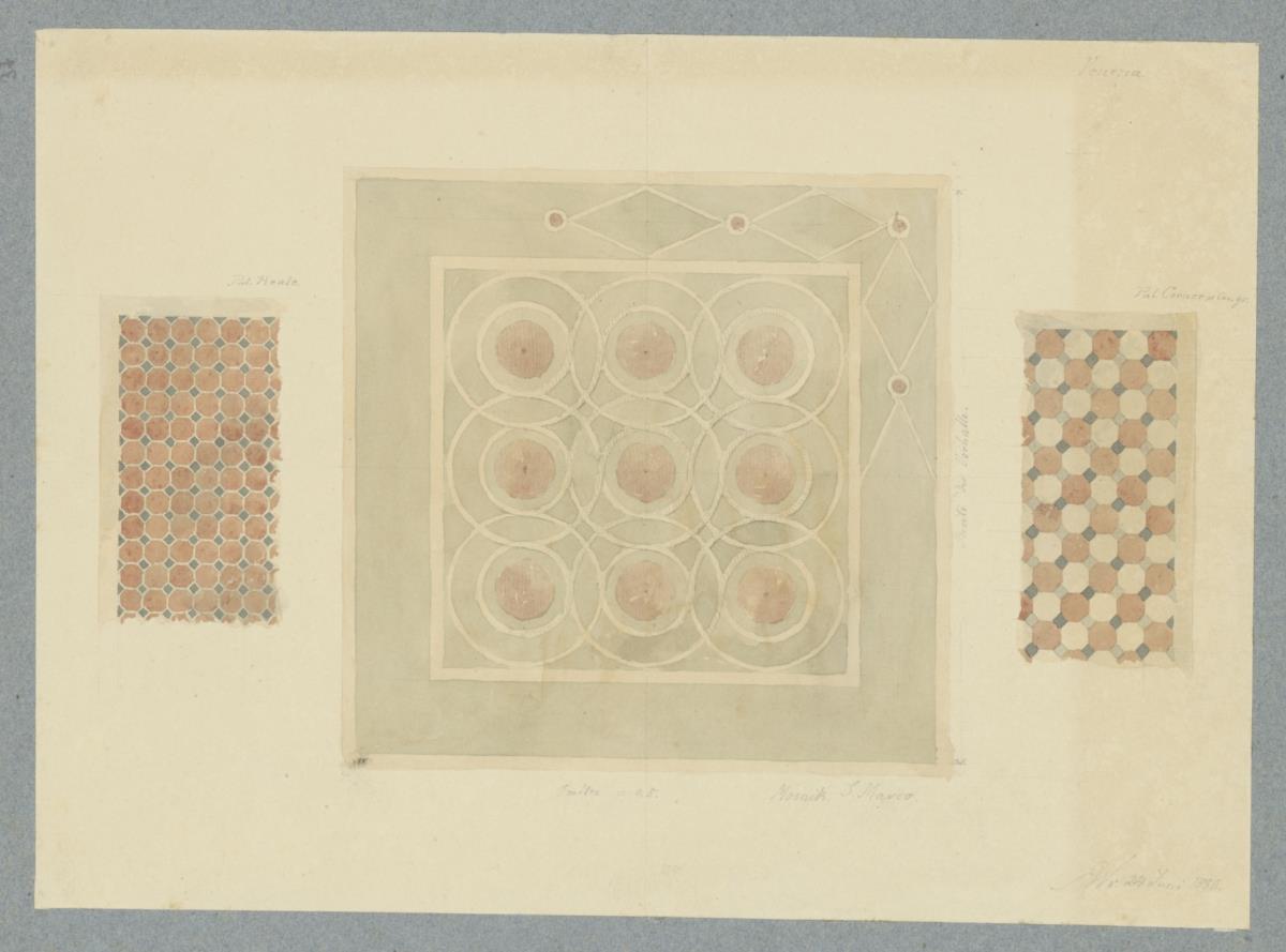 Skizzenbuch Italienreise, Venedig, Dogenpalast, San Marco und Palazzo Corner della Ca' Granda, Bodenornamente