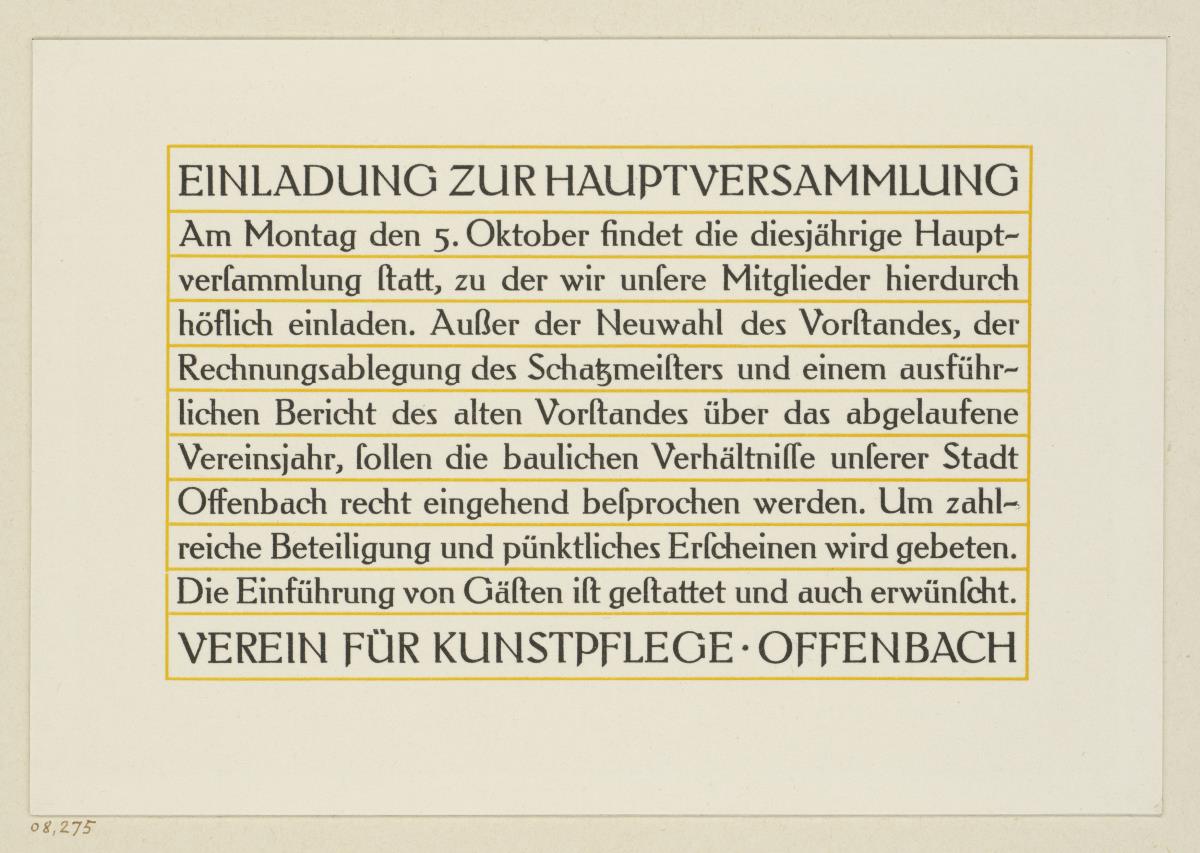 Einladung zur Hauptversammlung Verein für Kunstpflege Offenbach
