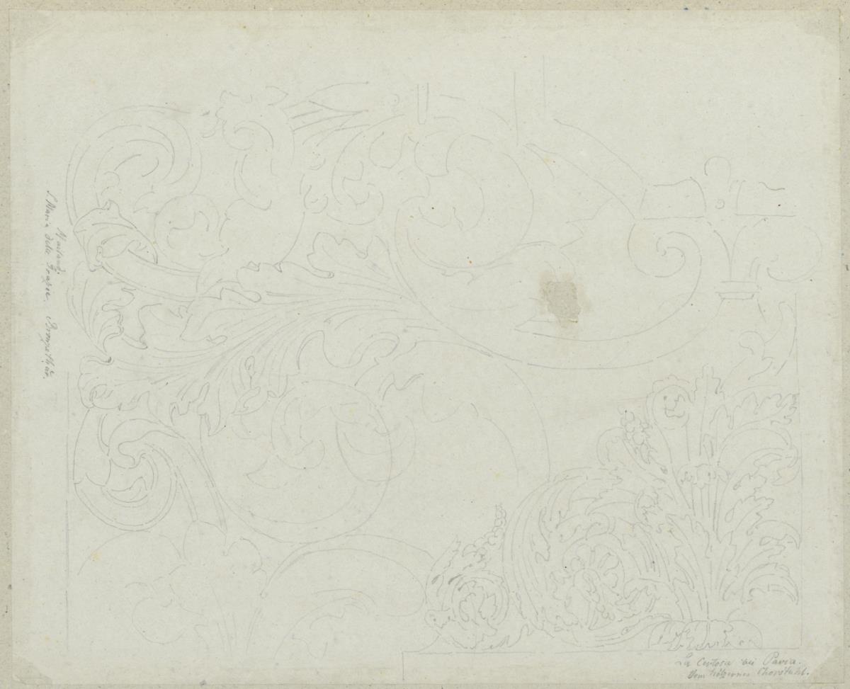 Skizzenbuch Italienreise, Mailand, Santa Maria delle Grazie, Bronzetür sowie Pavia, Certosa, Chorgestühl