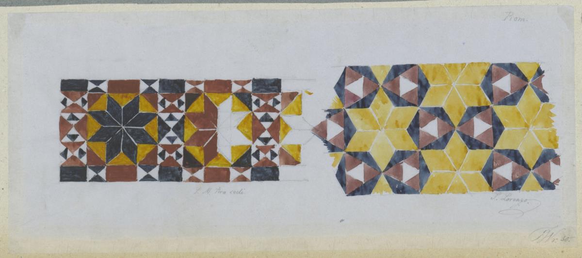 Skizzenbuch Italienreise, Rom, Santa Maria in Aracoeli, Mosaik sowie San Lorenzo [fuori le mura?], Kosmatenstudien