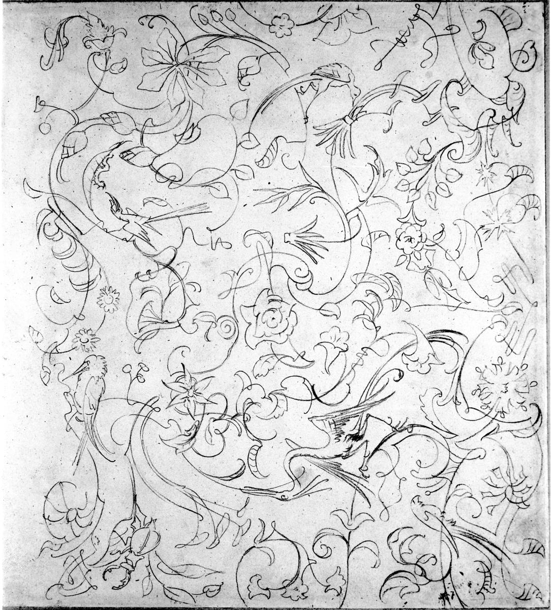 Flächenornament mit Blumen, Ranken, Vögeln und Käfer
