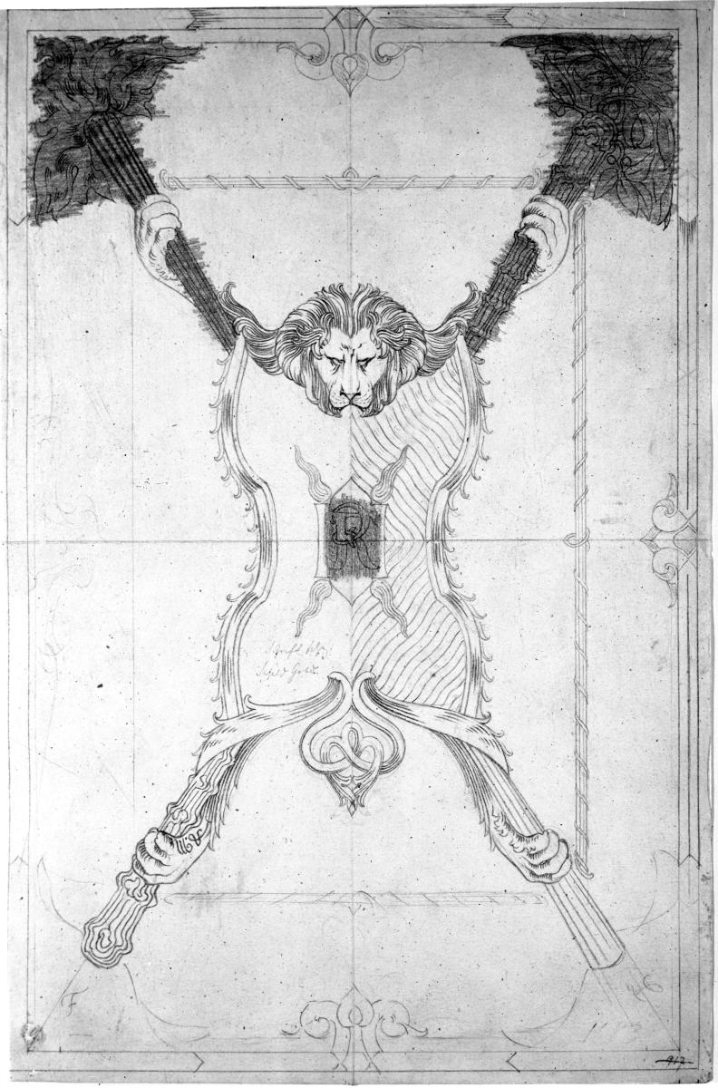 Entwurf einer Deckelverzierung durch Pressung. Inmitten ein Schild mit den Initialen F R darüber ein Löwenkopf
