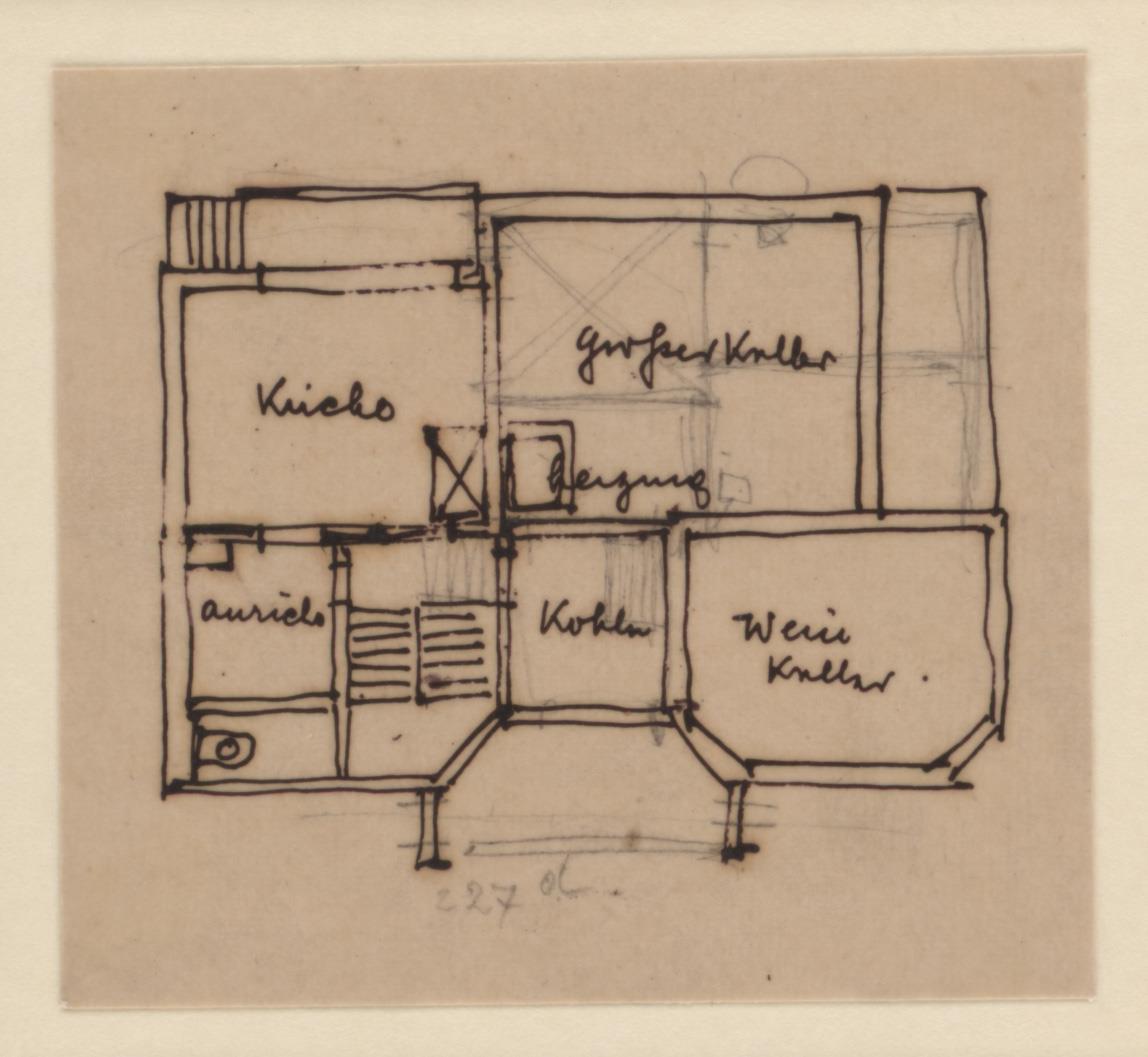 Potsdam Neubabelsberg, Projekt Wohnhaus für Friedrich Sarre, erster Vorentwurf, Skizzenblatt mit Grundriss des Kellergeschosses