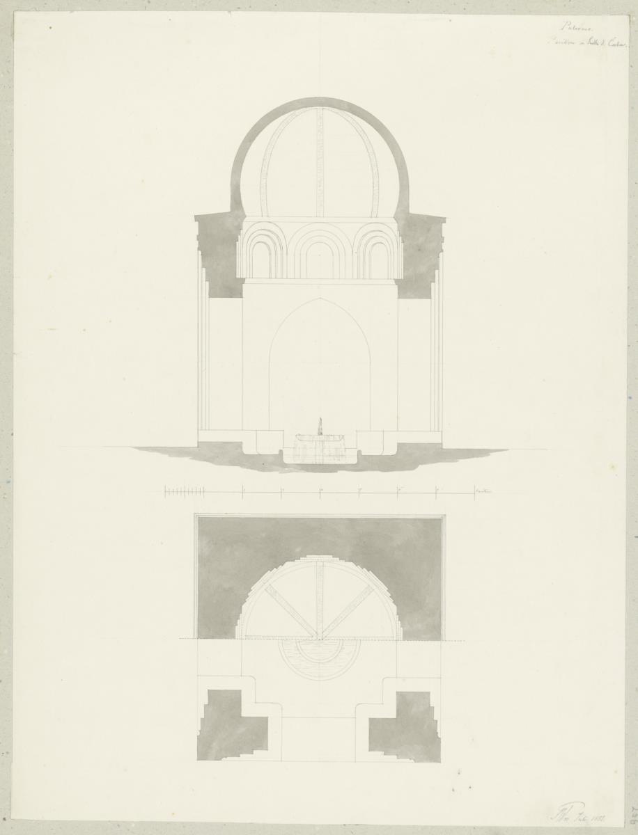 Skizzenbuch Italienreise, Palermo, La Cuba, Pavillon, Querschnitt und Grundriss