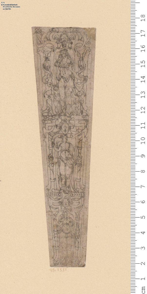 (1) 2 Blatt Scheidenfüllungen: je drei weibliche Figuren (Tugenden) in Rollwerk