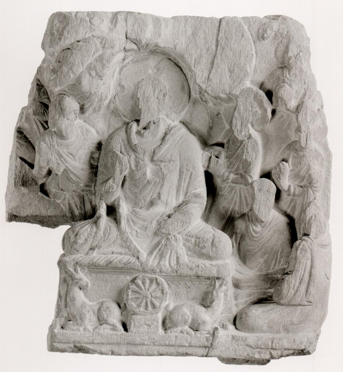 Erzählende Szene (Fragment): Erste Predigt des Buddha im Gazellenhain von Sarnath