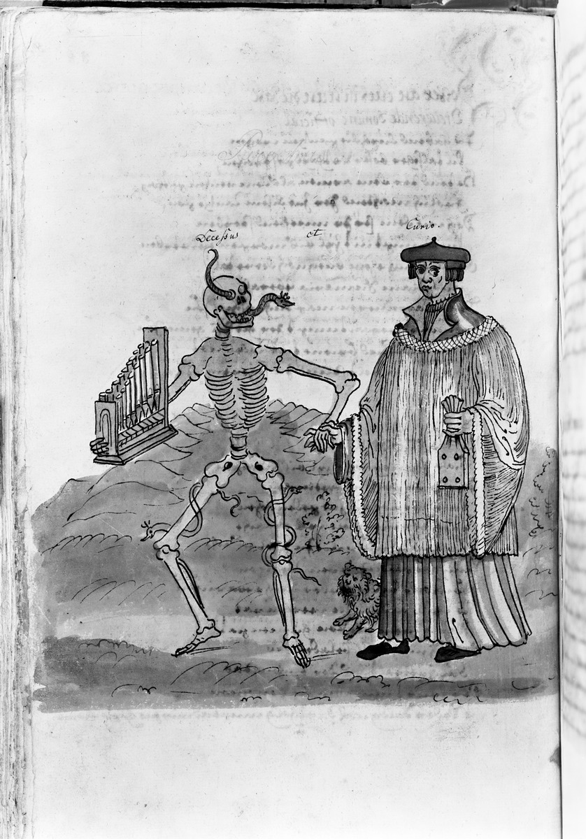 Totentanz für Wilhelm Werner, Graf zu Zimmern - Der Tod mit der Orgel führt einen Priester im Ornat