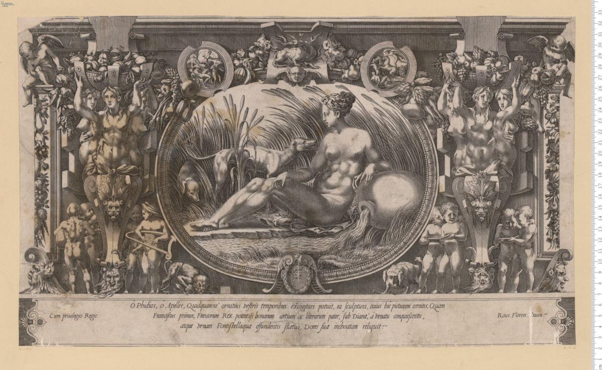 (5) Quellnymphe in ovalem, reich verziertem Rahmen, sog. Nymphe von Fontainebleau, bez: Rous. Floren. Inuen. Rob.-Dum. VIII 26 Nr. 18: René Boyvin nach Giov. Batt. Rosso.