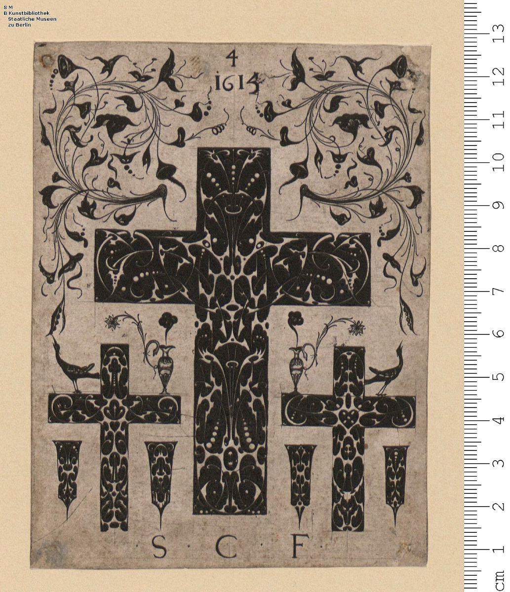 1 Folge Schwarzornament für verschiedene Zierflächen, meist weißes Schweifwerk auf schwarzem Grunde