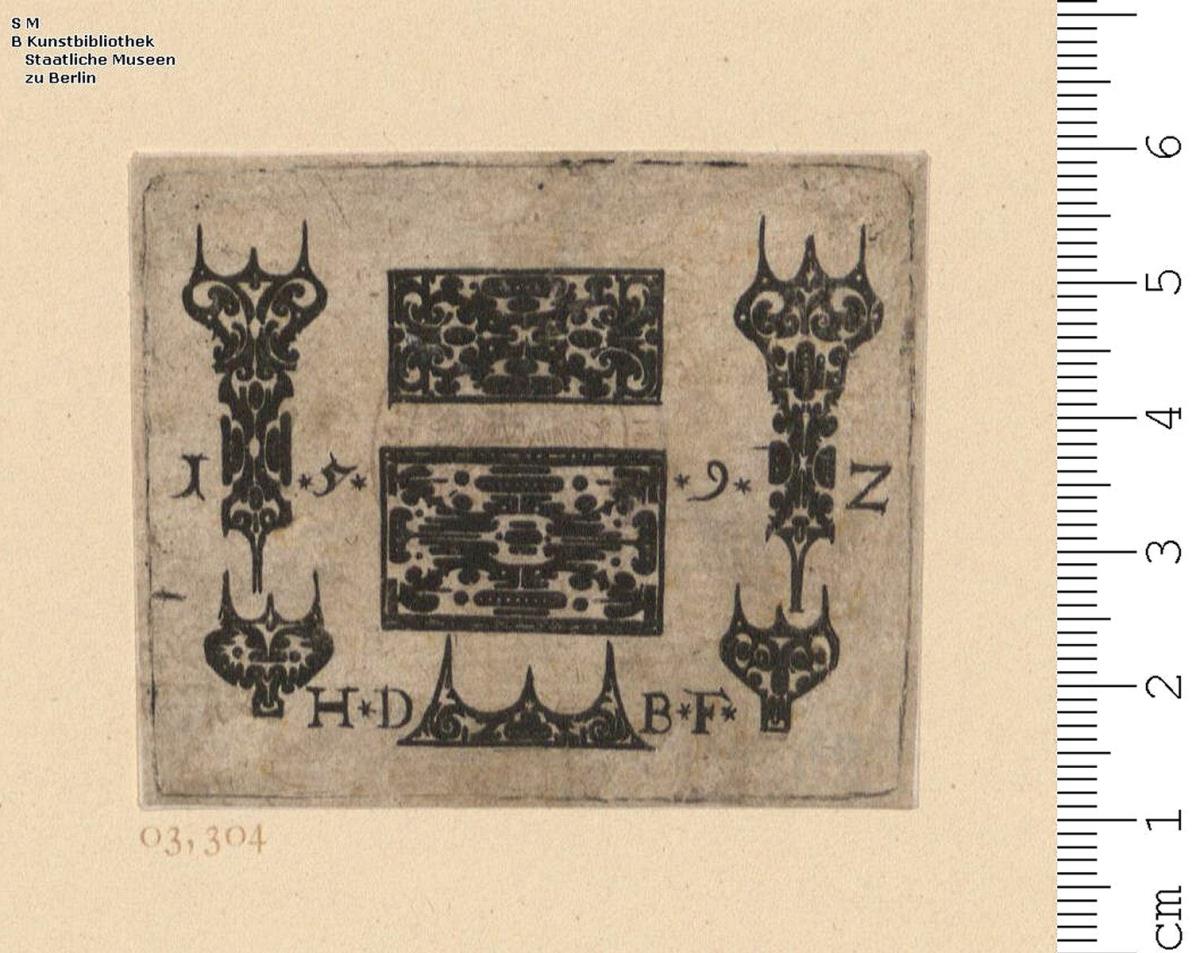 (1) Verschiedene Zierflächen mit weißem Schweifwerk für Ringe und dgl.