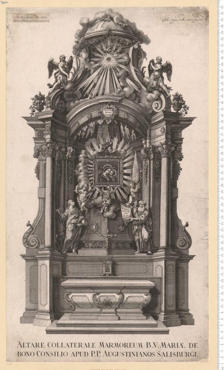 Altare Collaterale Marmoreum B. V. Mariae De Bono Consilio Apud P. P. Augustinianos Salisburgi, auf aufgeklebten Zetteln bez: Jo: Mich: Greiter delin. Salisb: Franc. Heissig ... sculpsit Aug. Vind.