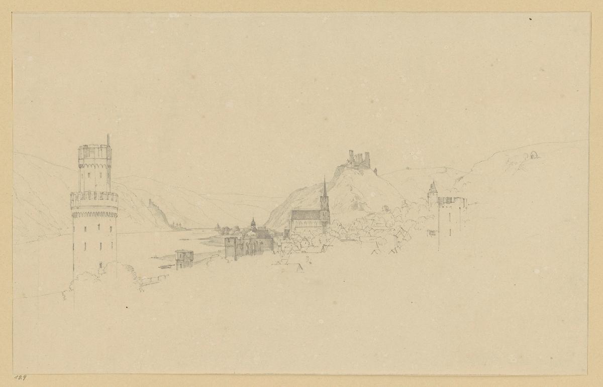 Rheinlandschaft mit Ruine Schönburg, der Pfalz Kaub und Oberwesel