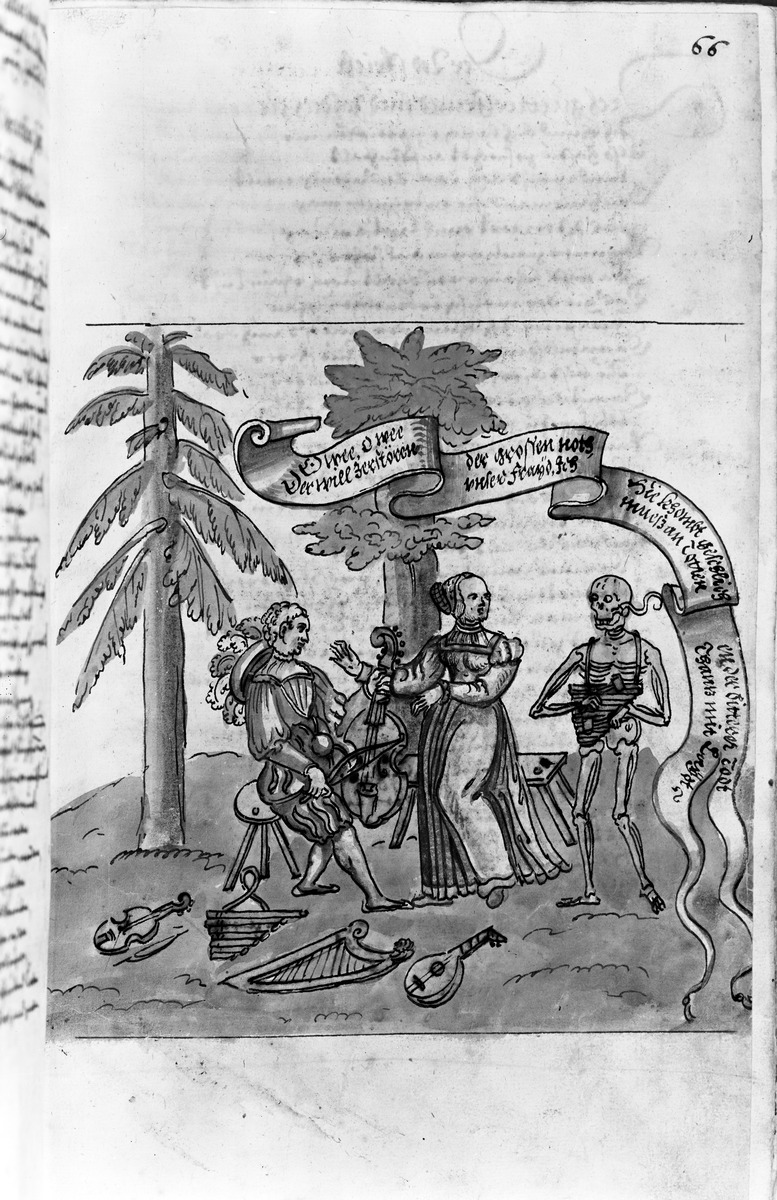 Totentanz für Wilhelm Werner, Graf zu Zimmern - Zu einem musizierenden Paar unter Bäumen tritt der Tod, ein Xylophon spielend