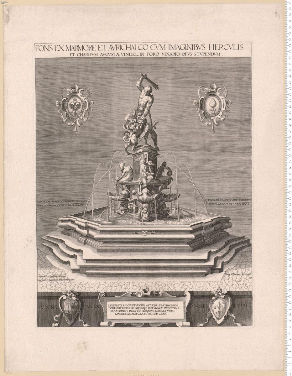 Brunnen in Augsburg: Fons ... Cum Imaginibus Hercvlis Et Charitvm ... Wolfg: Kilian exc. Aug. Vindel. ... Delineavit ... Ioannes Ab Ach ...