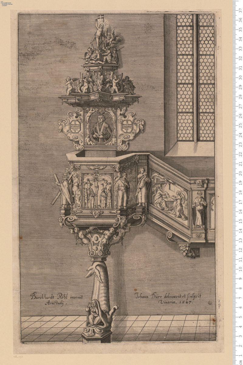 3) Kanzel Burckhardt Röhl invenit Arnstadij. Johann Dürr delineavit et sculpsit Vinariae, 1647.