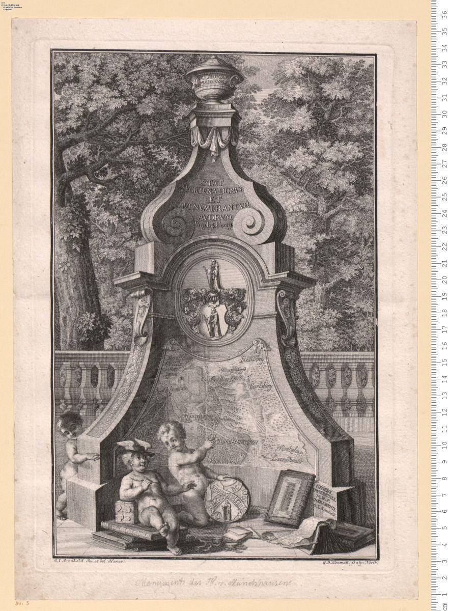 Grabmonument des Barons von Münchhausen, bez: G. I. Arenhold Inv. et del. ... G. D. Heumann sculp: ...