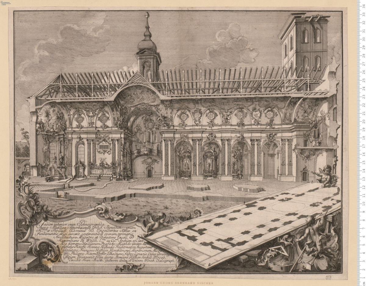 Scenographia [Facies interior cum Ichnographia] novae Basilicae ... in Amorbach ... Cujus utramque Effigiem delineavit Ioan. Georg. Bernard. Vischer ... Excidit Joan. Balth. Gutwein ... Anno 1747 ...