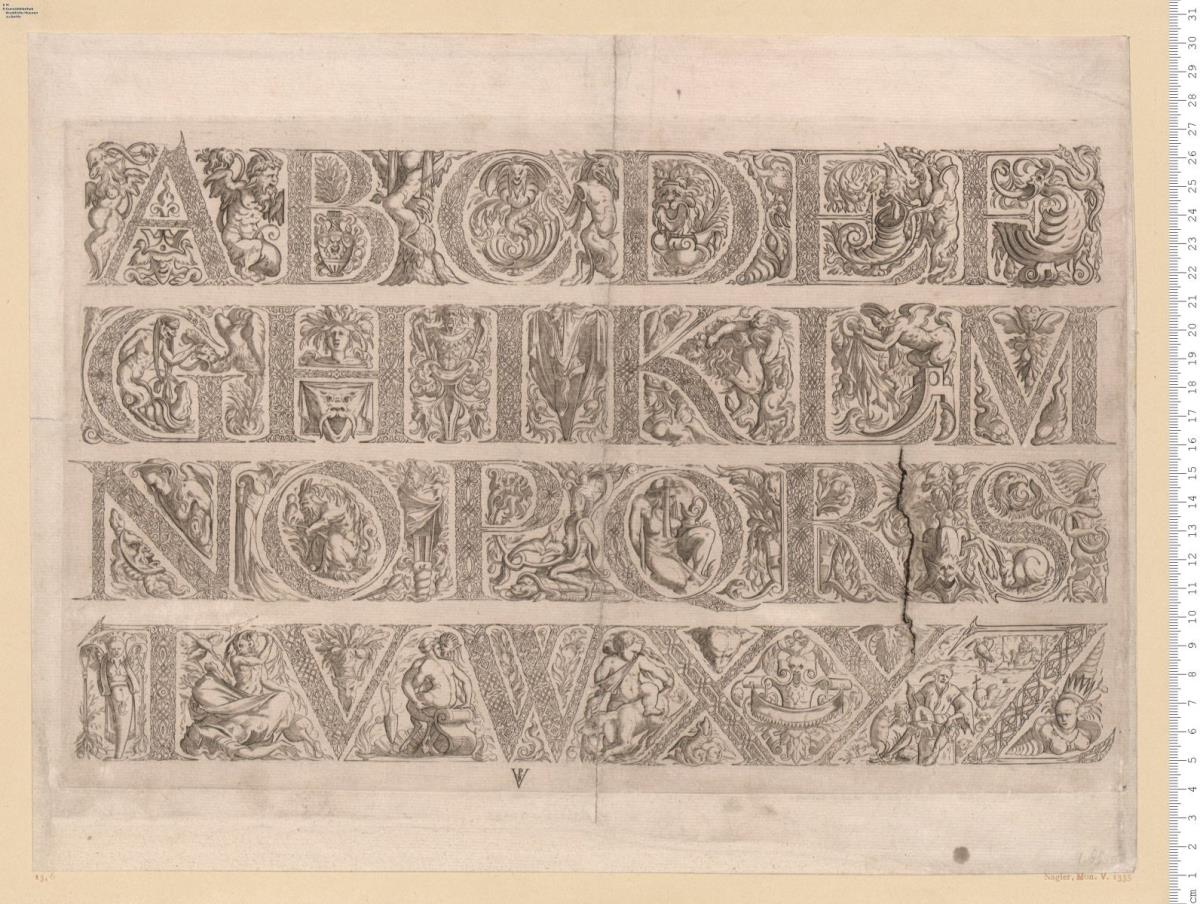 1 Blatt Alphabet aus Flechtwerk, daneben grotteske Figuren, bez: V P R, dat: 1546.