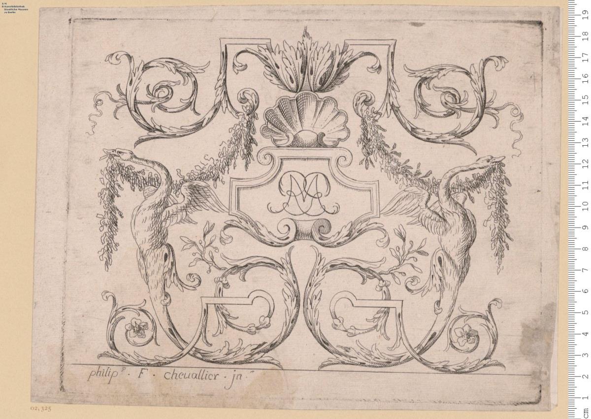 1 Blatt Querfüllung: Laub- und Bandwerk mit zwei Schwänen und Doppelmonogramm M R, bez: philip.s F. cheuallier. jn.