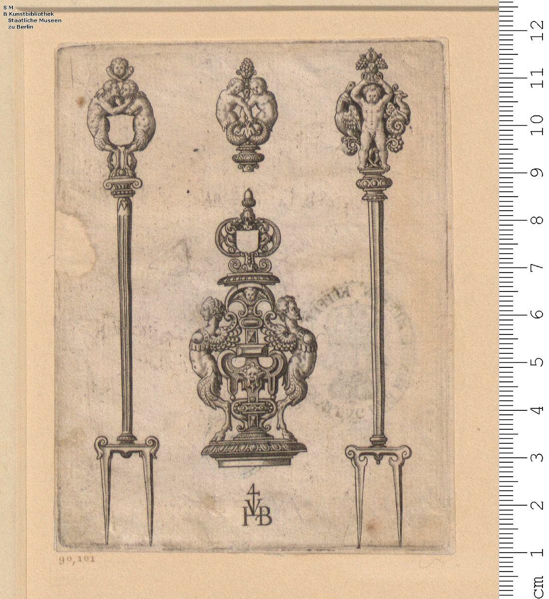 (2) Ein Blatt einer Folge: Zwei Gabeln, ein Petschaft und ein Knaufmotiv, bezeichnet mit Monogramm