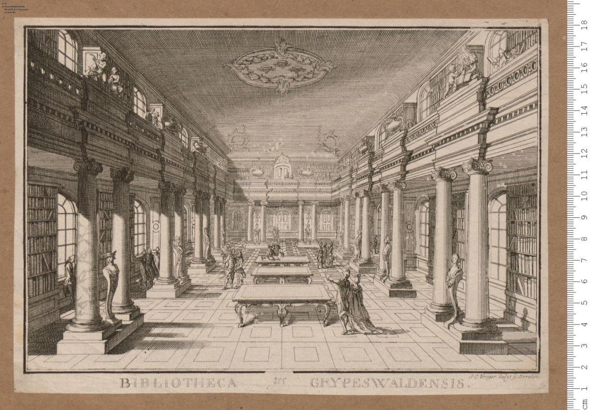 Bibliotheca Grypeswaldensis. J. C. Krüger del: et sc: Berolini. 1 Bl. Innenansicht der Bibliothek.
