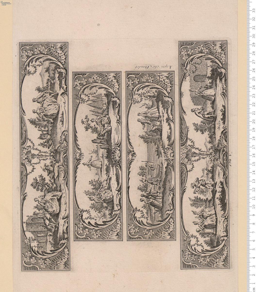 1 Blatt vier Friese für die Seitenteile eines Kastens, mit Schäferszenen in Rokoko-Ornamenten. A Lyon chez Daudet; 131 F.