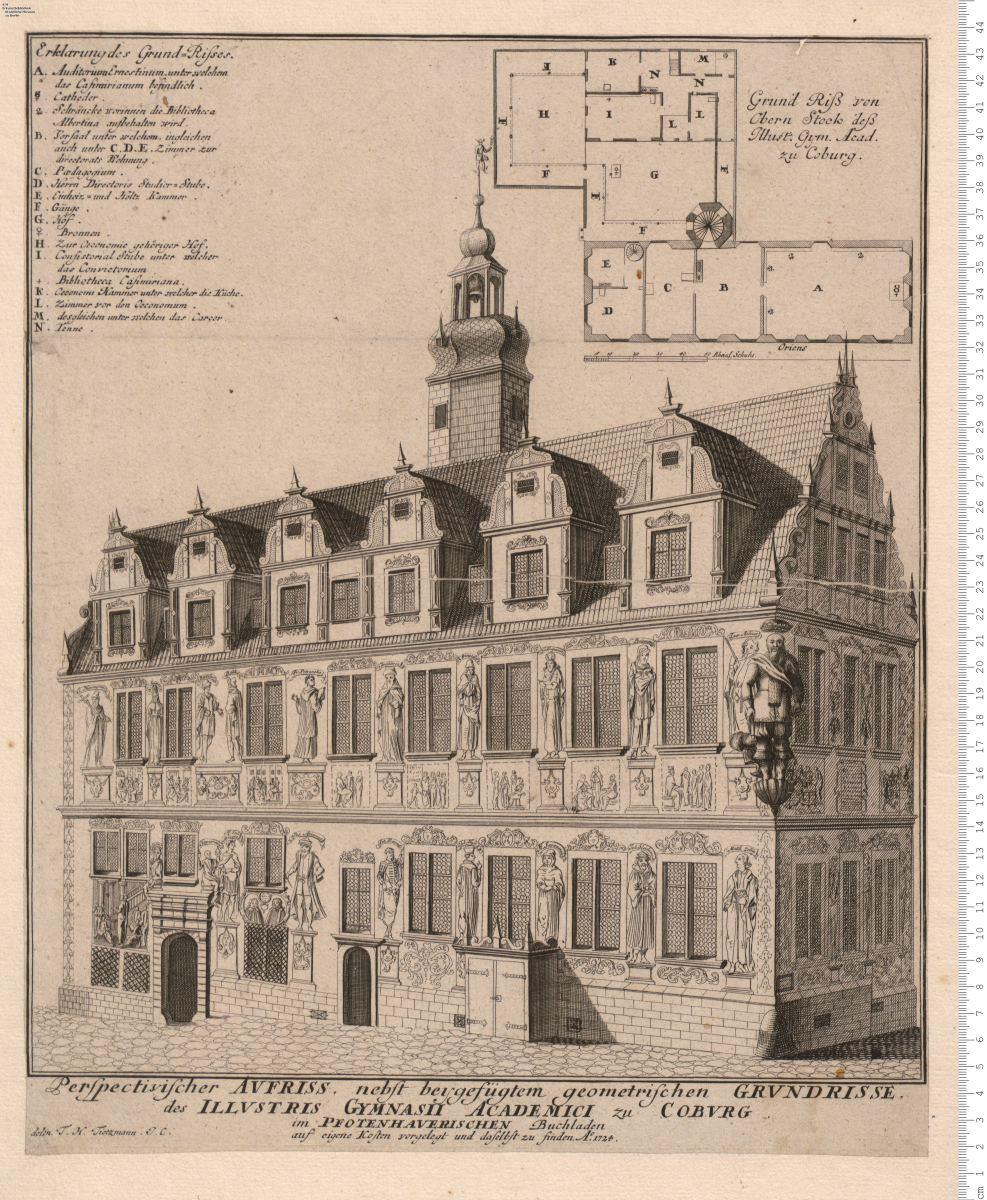 Perspectivischer Aufriss, nebst beygefügtem geometrischen Grundrisse des Illvstris Gymnasii Academici zu Cobvrg im Pfotenhaverischen Buchladen ... zu finden.