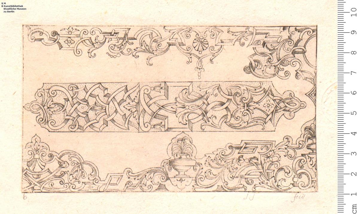 5 Blatt Bandwerkmotive, vermutlich aus: Gantz neues Laub und Bandelwerck gezeichnet und in Kupffer gebracht von J. Jacob Baumgartner in Augspurg 1727.