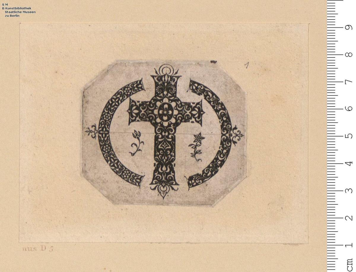 1 Blatt Schwarzornament: Kreuz und zwei Reifenstücke mit kleinen Blattranken (weiß auf schwarz)
