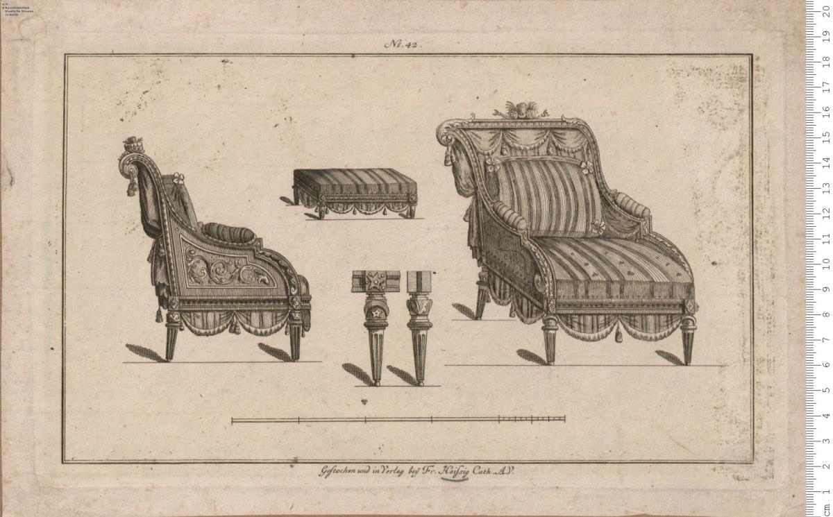 2 Blätter aus einem Reihenwerk: Möbel, Gitter, Bauteile u. a. Gestochen und Verlegt von [in Verlag bey] Fr[anz] Heißig Cath. A.V. Portal (Nr. 3) und Sessel (Nr. 42)