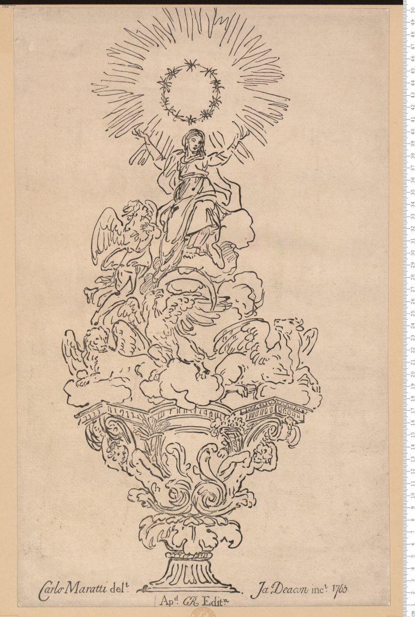 Altarbekrönung mit Maria und den Evangelistensymbolen, bez: Carlo Maratti del.t Ja.s Deacon inc.t. 1765. Ap.d C(harles) R(ogers) Edit.m