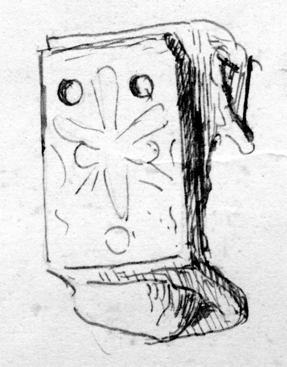Henkelfragment (?); hinten mit starken Nieten (auf einem) Stück Blech befestigt