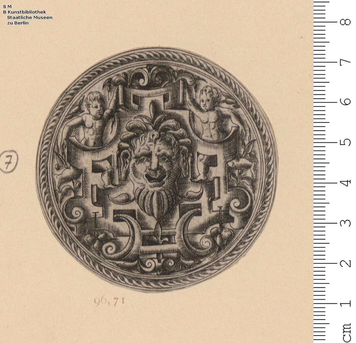 (7) 1 Blatt mit rundem Medaillon mit Rollwerk, einer Maske und zwei Kinderfiguren