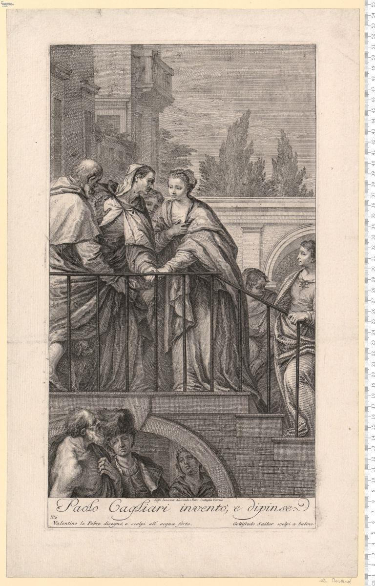 Paolo Cagliari inventò, e dipinse. Valentino le Febre disegnò, e scolpi ... Gottifredo Saiter scolpi ... App^BFo Innocente Alessandri e Pietro Scattaglia Venenzia. Verl.-Nr. 6.