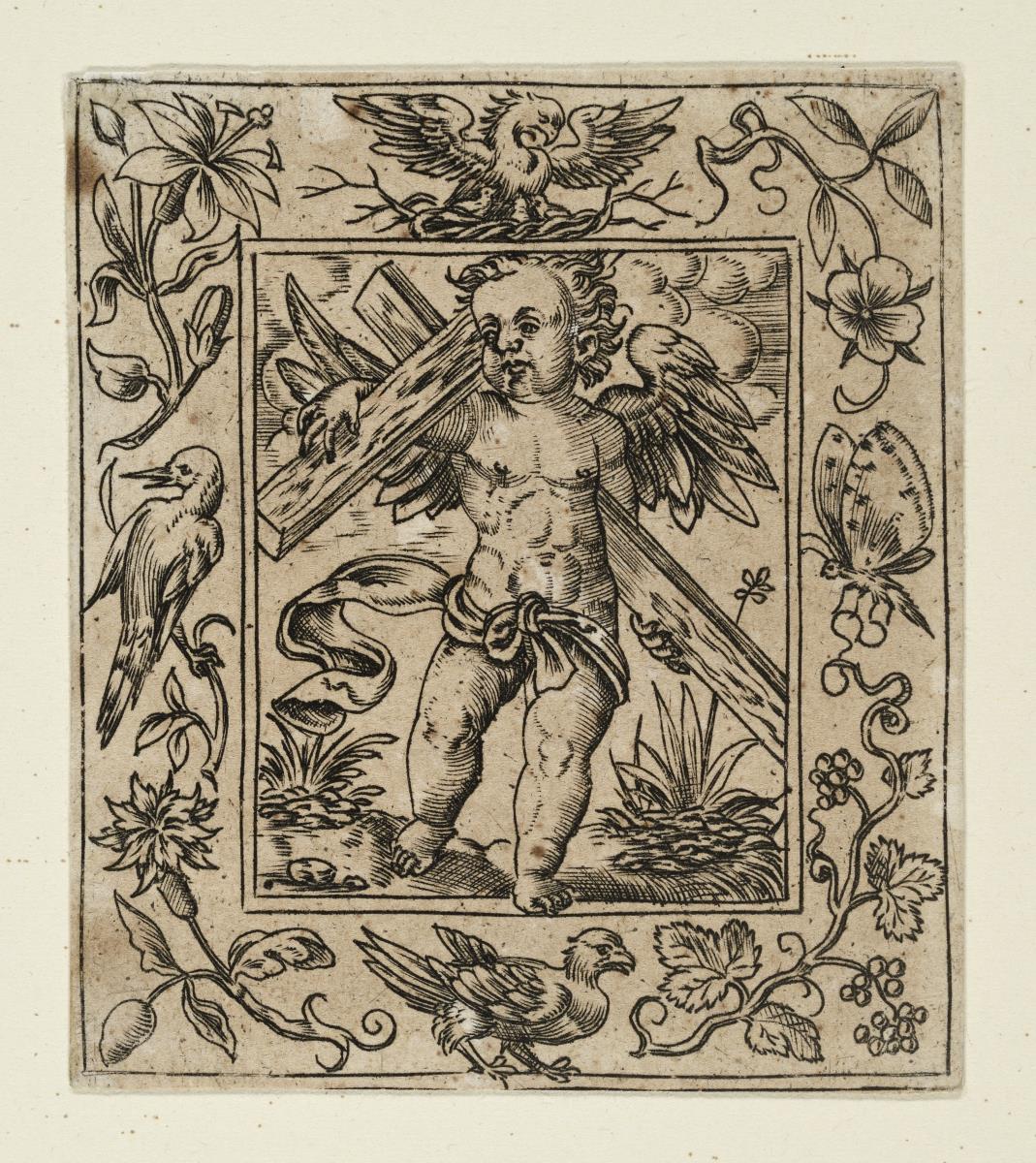 Engelknaben mit den Leidenszeichen Christi in Rahmen, die mit Blumen und Tieren verziert sind.