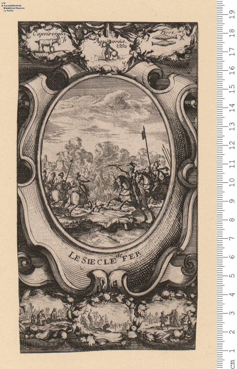 Allegorische Darstellungen der vier Zeitalter mit franz. Unterschriften in Kartuschen, oben je 3 Zeichen des Tierkreises, unten je 3 Monatsbilder. Das erste Bl. bez: Et se vendent Chez Balt Moncornet au fauxbourg S.t Marcel ...