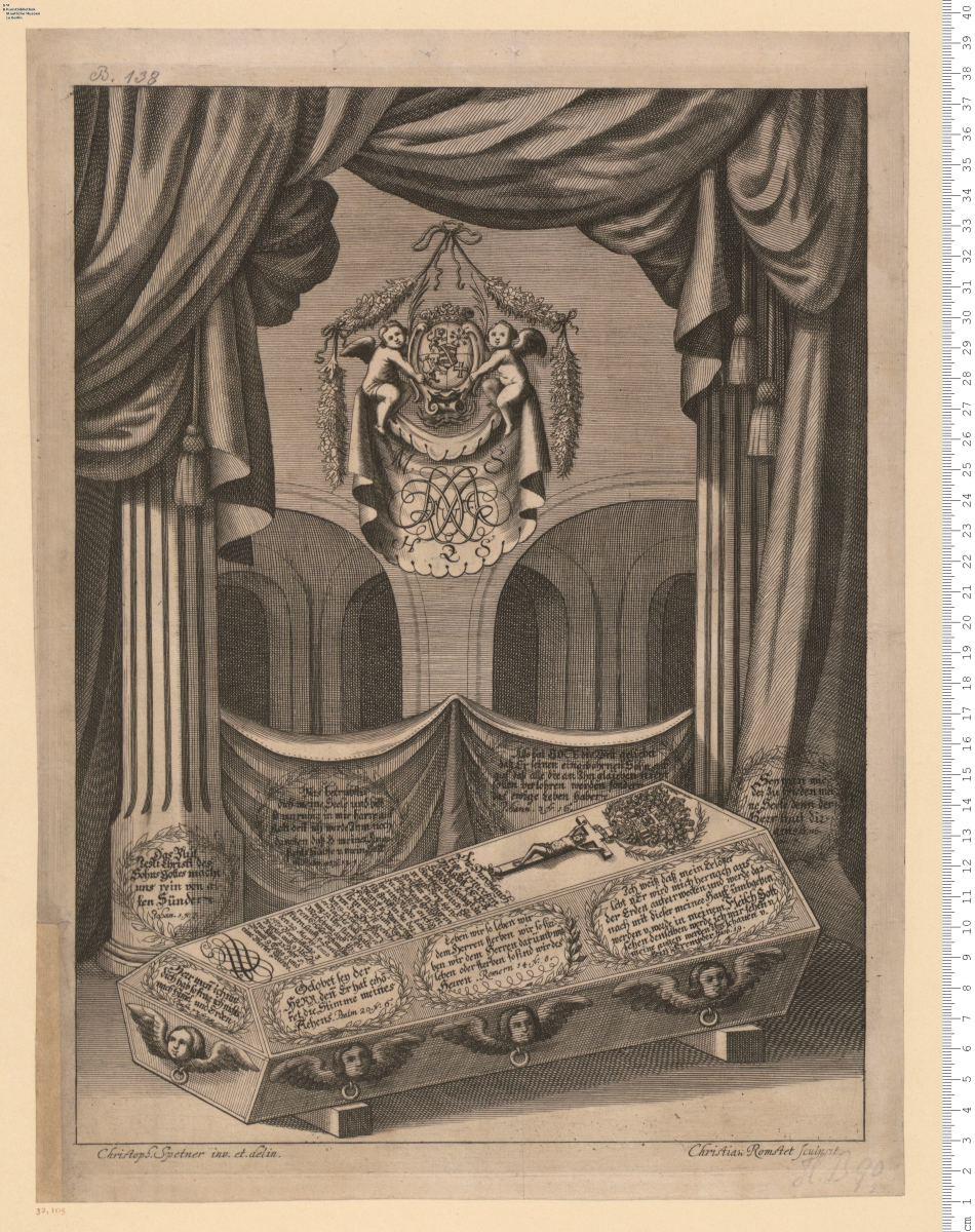 Sarg der Herzogin Magdalena Sophia von Sachsen (gest. 1675), mit Inschriften. Christoph Spetner inv. et delin. Christian Romstet sculpsit.